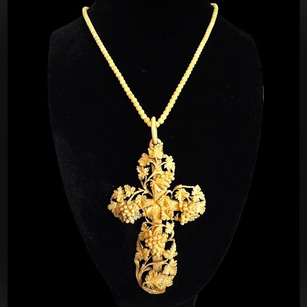 Museum Quality Antique Hand Carved Bovine Bone Cross Necklace Vine Botanical